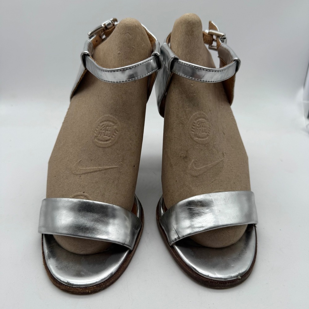 Coach Lexey Mirror Metallic Silver Leather Sandals Block Heel Ankle Strap 7‎ B - Picture 2 of 7